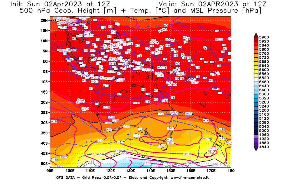 GFS analysi map - Geopotential [m] + Temp. [°C] at 500 hPa + Sea Level Pressure [hPa] in Oceania
									on 02/04/2023 12 <!--googleoff: index-->UTC<!--googleon: index-->