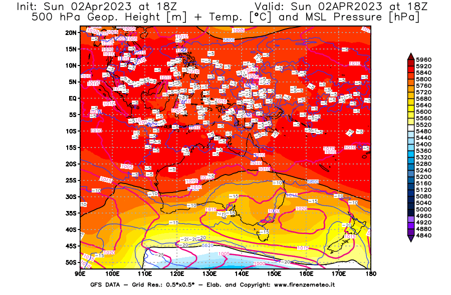 GFS analysi map - Geopotential [m] + Temp. [°C] at 500 hPa + Sea Level Pressure [hPa] in Oceania
									on 02/04/2023 18 <!--googleoff: index-->UTC<!--googleon: index-->