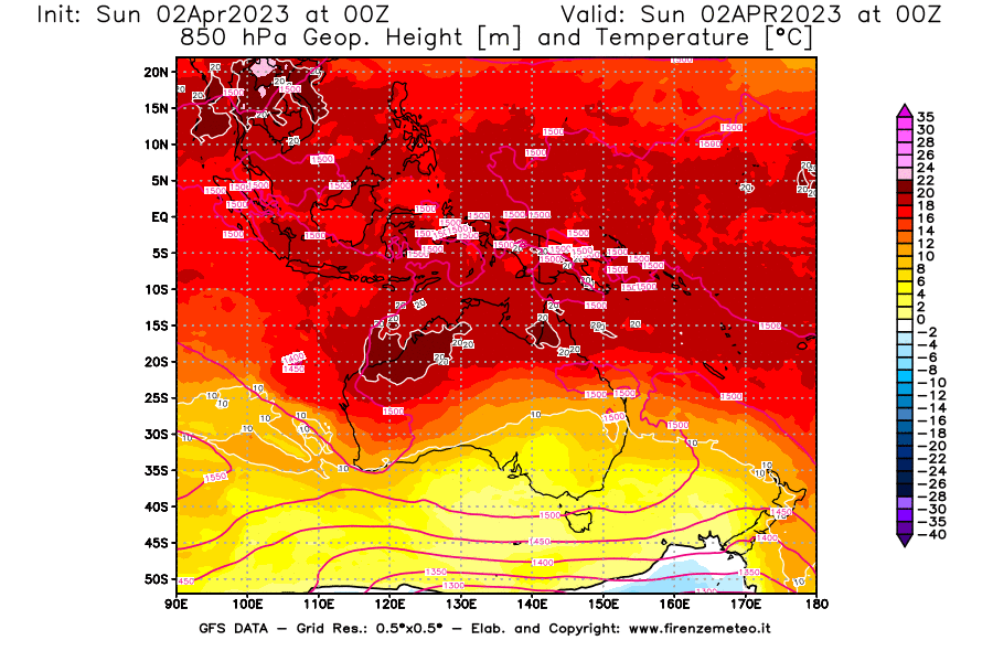 GFS analysi map - Geopotential [m] and Temperature [°C] at 850 hPa in Oceania
									on 02/04/2023 00 <!--googleoff: index-->UTC<!--googleon: index-->
