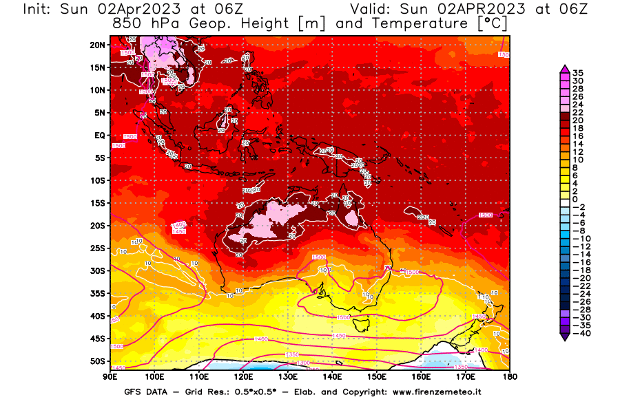 Mappa di analisi GFS - Geopotenziale [m] e Temperatura [°C] a 850 hPa in Oceania
							del 02/04/2023 06 <!--googleoff: index-->UTC<!--googleon: index-->
