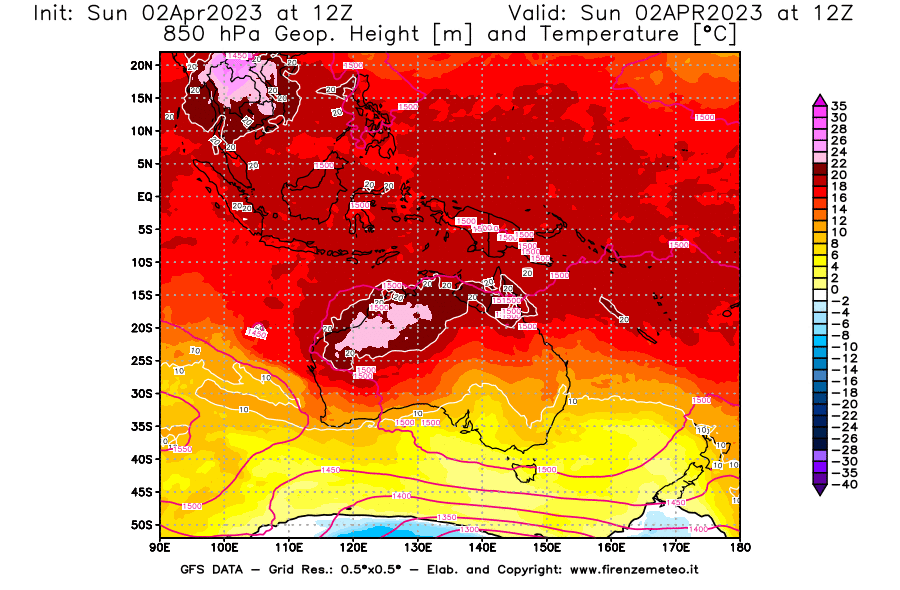 Mappa di analisi GFS - Geopotenziale [m] e Temperatura [°C] a 850 hPa in Oceania
							del 02/04/2023 12 <!--googleoff: index-->UTC<!--googleon: index-->