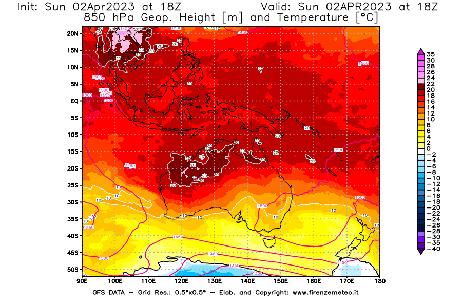 GFS analysi map - Geopotential [m] and Temperature [°C] at 850 hPa in Oceania
									on 02/04/2023 18 <!--googleoff: index-->UTC<!--googleon: index-->