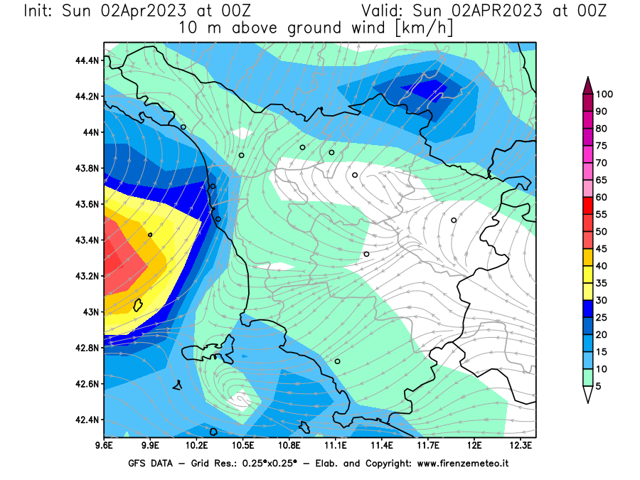 GFS analysi map - Wind Speed at 10 m above ground [km/h] in Tuscany
									on 02/04/2023 00 <!--googleoff: index-->UTC<!--googleon: index-->
