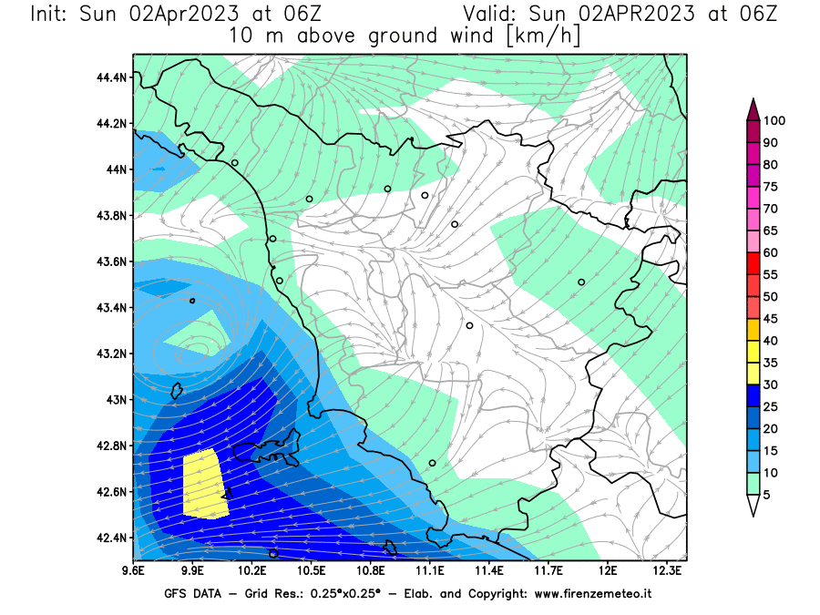 Mappa di analisi GFS - Velocità del vento a 10 metri dal suolo [km/h] in Toscana
							del 02/04/2023 06 <!--googleoff: index-->UTC<!--googleon: index-->