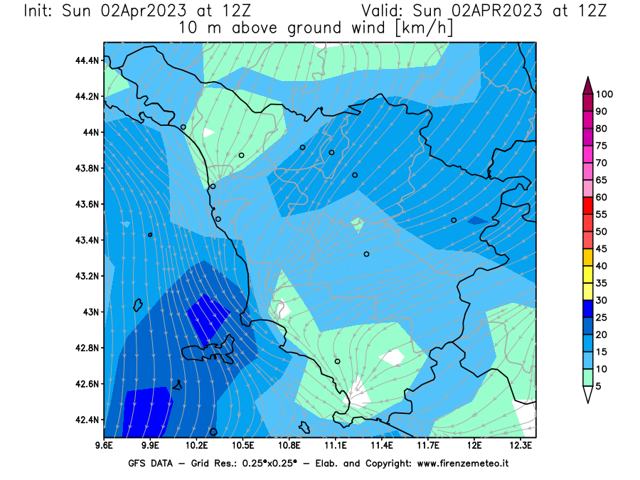 GFS analysi map - Wind Speed at 10 m above ground [km/h] in Tuscany
									on 02/04/2023 12 <!--googleoff: index-->UTC<!--googleon: index-->