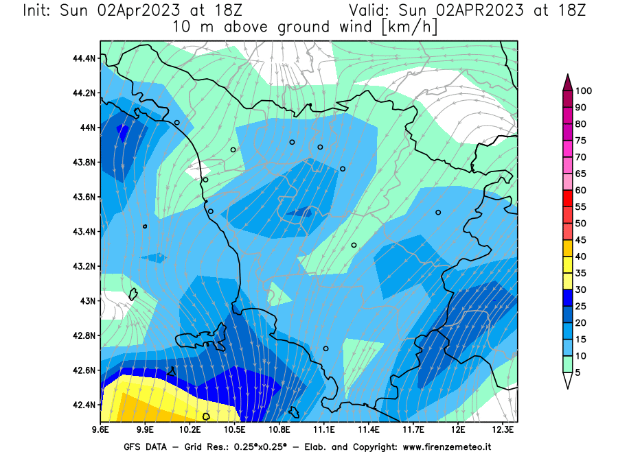 Mappa di analisi GFS - Velocità del vento a 10 metri dal suolo [km/h] in Toscana
							del 02/04/2023 18 <!--googleoff: index-->UTC<!--googleon: index-->