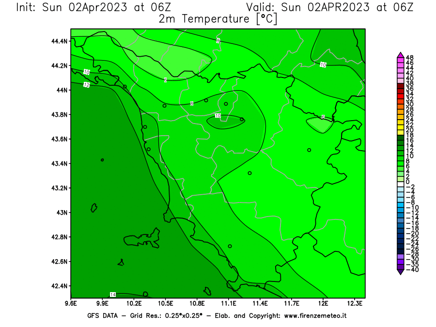 GFS analysi map - Temperature at 2 m above ground [°C] in Tuscany
									on 02/04/2023 06 <!--googleoff: index-->UTC<!--googleon: index-->