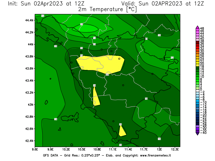 GFS analysi map - Temperature at 2 m above ground [°C] in Tuscany
									on 02/04/2023 12 <!--googleoff: index-->UTC<!--googleon: index-->