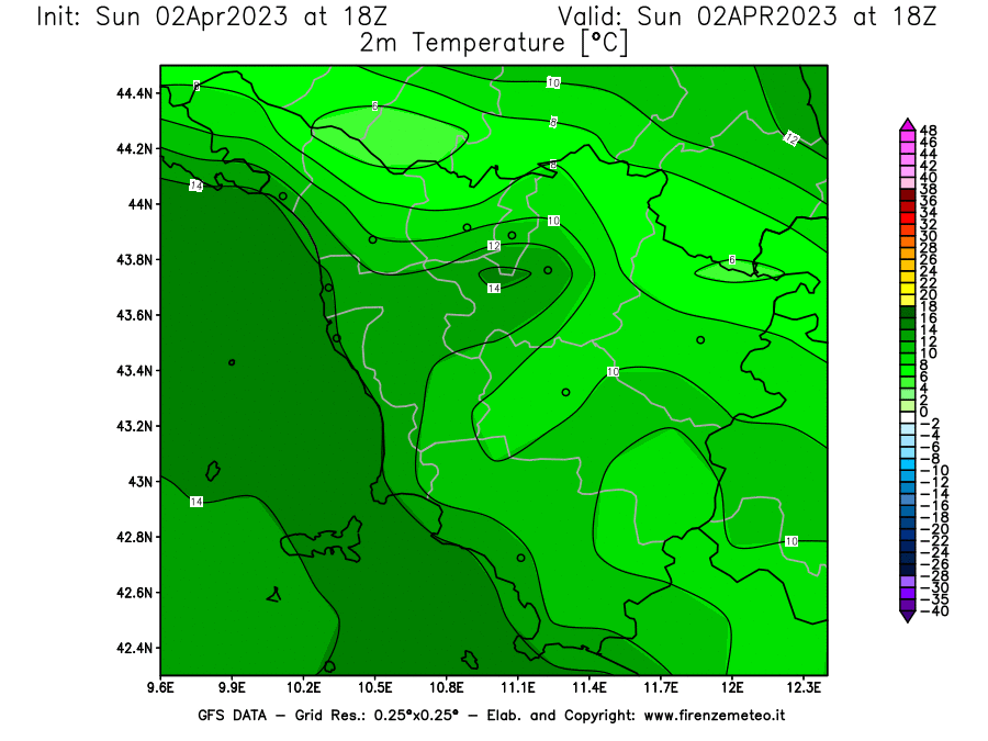 GFS analysi map - Temperature at 2 m above ground [°C] in Tuscany
									on 02/04/2023 18 <!--googleoff: index-->UTC<!--googleon: index-->