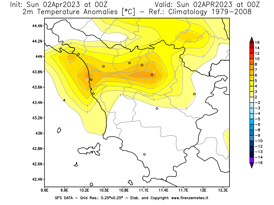 Mappa di analisi GFS - Anomalia Temperatura [°C] a 2 m in Toscana
							del 02/04/2023 00 <!--googleoff: index-->UTC<!--googleon: index-->