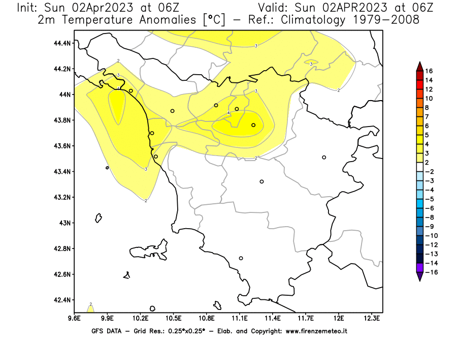 Mappa di analisi GFS - Anomalia Temperatura [°C] a 2 m in Toscana
							del 02/04/2023 06 <!--googleoff: index-->UTC<!--googleon: index-->