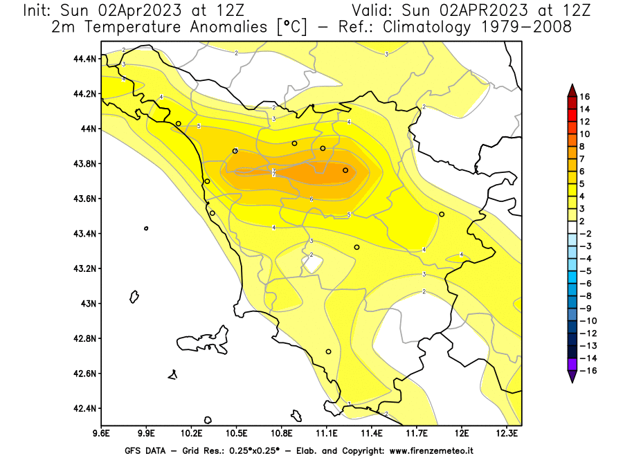 Mappa di analisi GFS - Anomalia Temperatura [°C] a 2 m in Toscana
							del 02/04/2023 12 <!--googleoff: index-->UTC<!--googleon: index-->