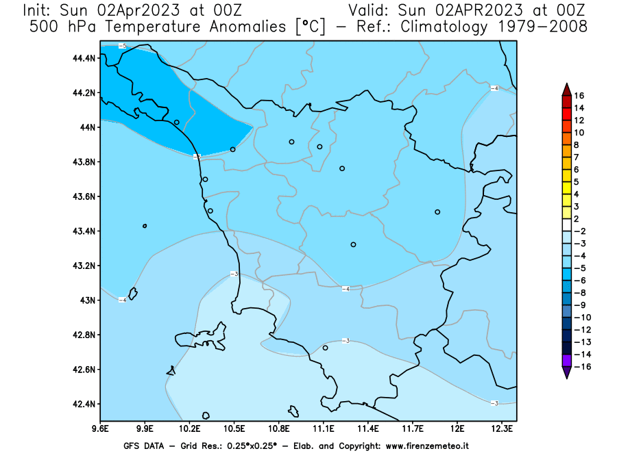 Mappa di analisi GFS - Anomalia Temperatura [°C] a 500 hPa in Toscana
							del 02/04/2023 00 <!--googleoff: index-->UTC<!--googleon: index-->