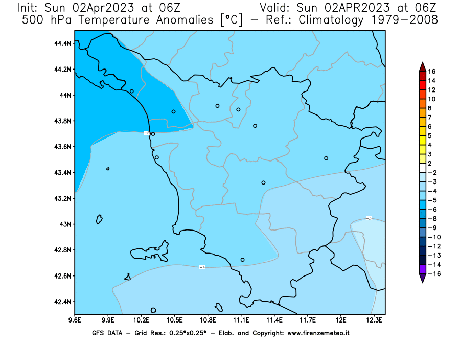 GFS analysi map - Temperature Anomalies [°C] at 500 hPa in Tuscany
									on 02/04/2023 06 <!--googleoff: index-->UTC<!--googleon: index-->
