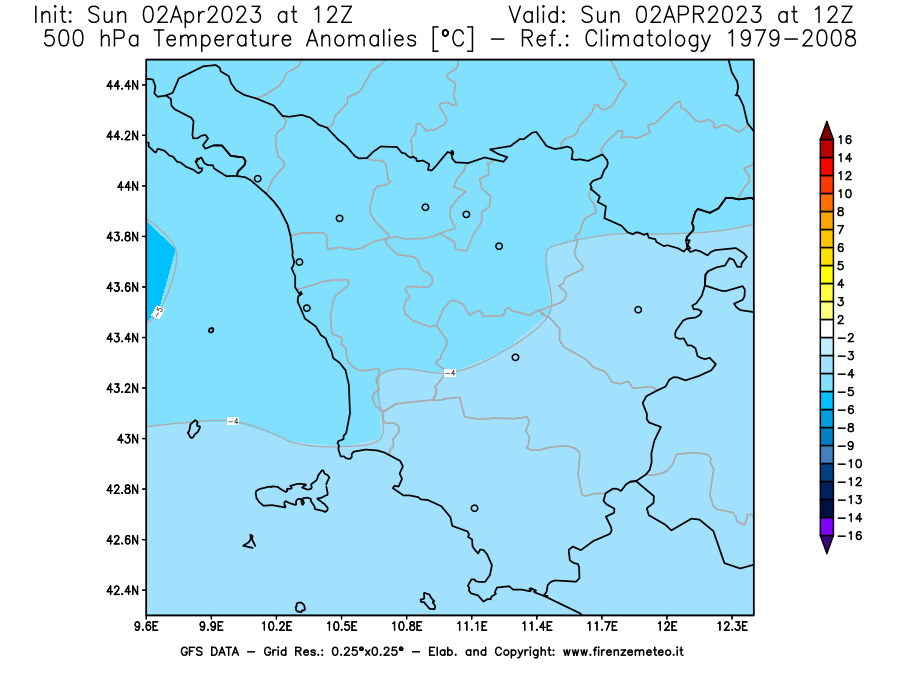 Mappa di analisi GFS - Anomalia Temperatura [°C] a 500 hPa in Toscana
							del 02/04/2023 12 <!--googleoff: index-->UTC<!--googleon: index-->