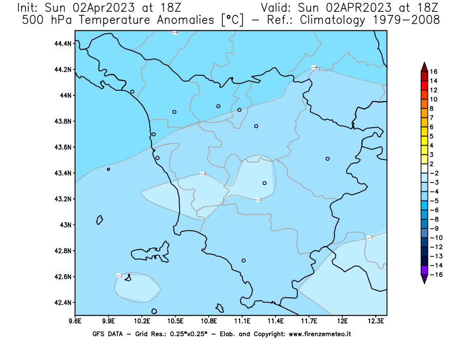 GFS analysi map - Temperature Anomalies [°C] at 500 hPa in Tuscany
									on 02/04/2023 18 <!--googleoff: index-->UTC<!--googleon: index-->
