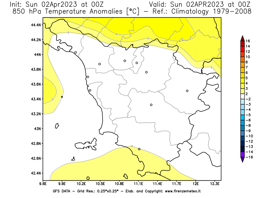 Mappa di analisi GFS - Anomalia Temperatura [°C] a 850 hPa in Toscana
							del 02/04/2023 00 <!--googleoff: index-->UTC<!--googleon: index-->