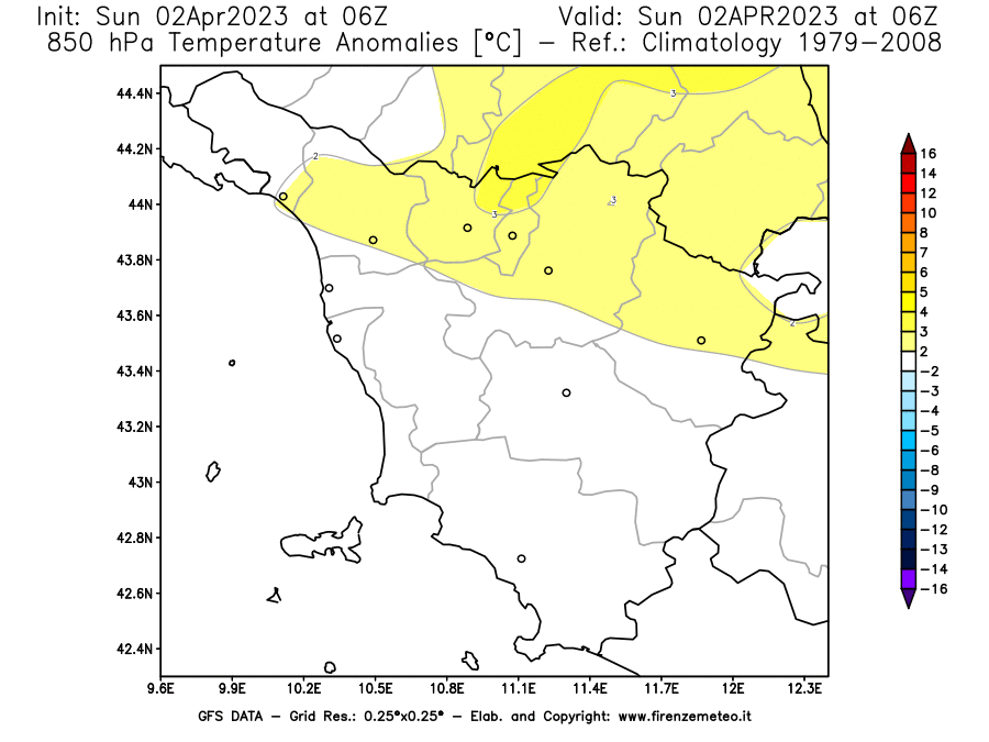 Mappa di analisi GFS - Anomalia Temperatura [°C] a 850 hPa in Toscana
							del 02/04/2023 06 <!--googleoff: index-->UTC<!--googleon: index-->