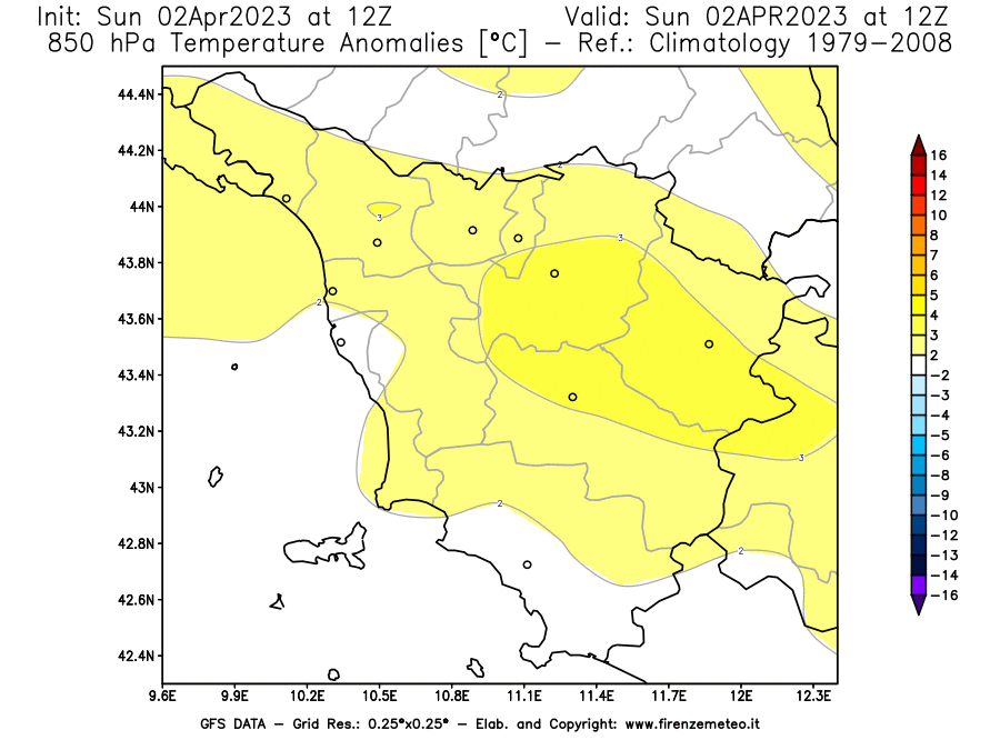 GFS analysi map - Temperature Anomalies [°C] at 850 hPa in Tuscany
									on 02/04/2023 12 <!--googleoff: index-->UTC<!--googleon: index-->