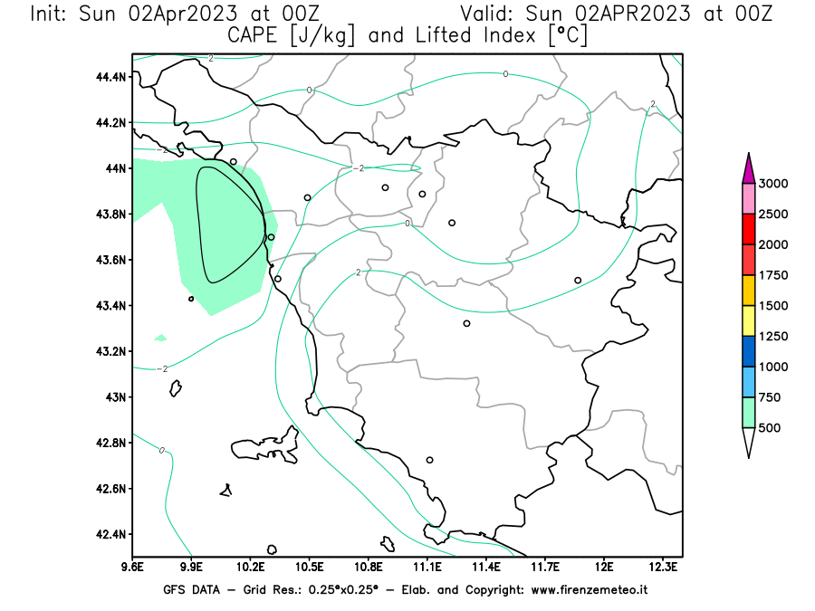 Mappa di analisi GFS - CAPE [J/kg] e Lifted Index [°C] in Toscana
							del 02/04/2023 00 <!--googleoff: index-->UTC<!--googleon: index-->