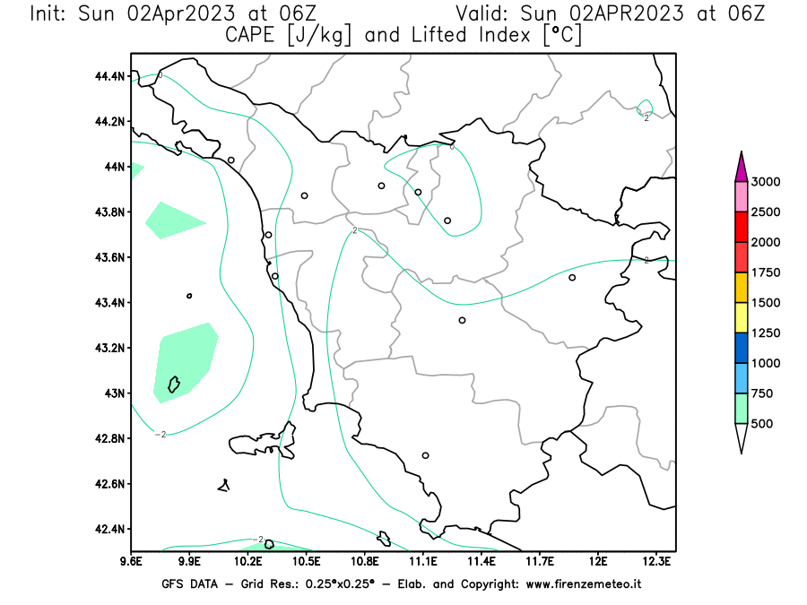 Mappa di analisi GFS - CAPE [J/kg] e Lifted Index [°C] in Toscana
							del 02/04/2023 06 <!--googleoff: index-->UTC<!--googleon: index-->