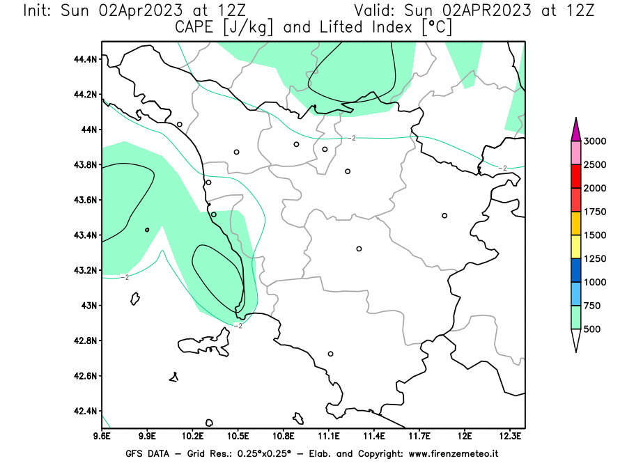 Mappa di analisi GFS - CAPE [J/kg] e Lifted Index [°C] in Toscana
							del 02/04/2023 12 <!--googleoff: index-->UTC<!--googleon: index-->