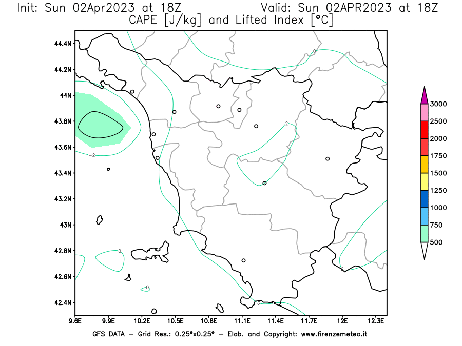 GFS analysi map - CAPE [J/kg] and Lifted Index [°C] in Tuscany
									on 02/04/2023 18 <!--googleoff: index-->UTC<!--googleon: index-->