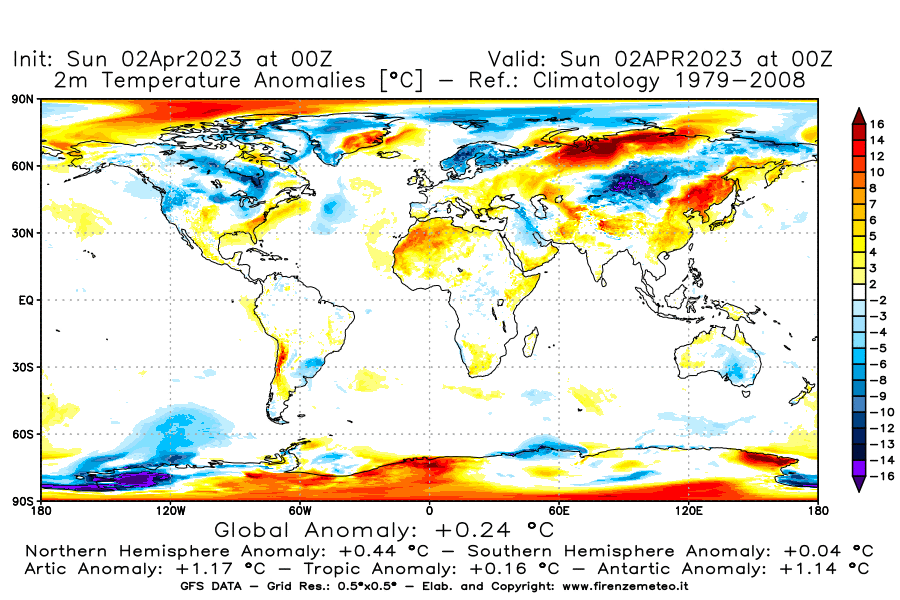 Mappa di analisi GFS - Anomalia Temperatura [°C] a 2 m in World
							del 02/04/2023 00 <!--googleoff: index-->UTC<!--googleon: index-->