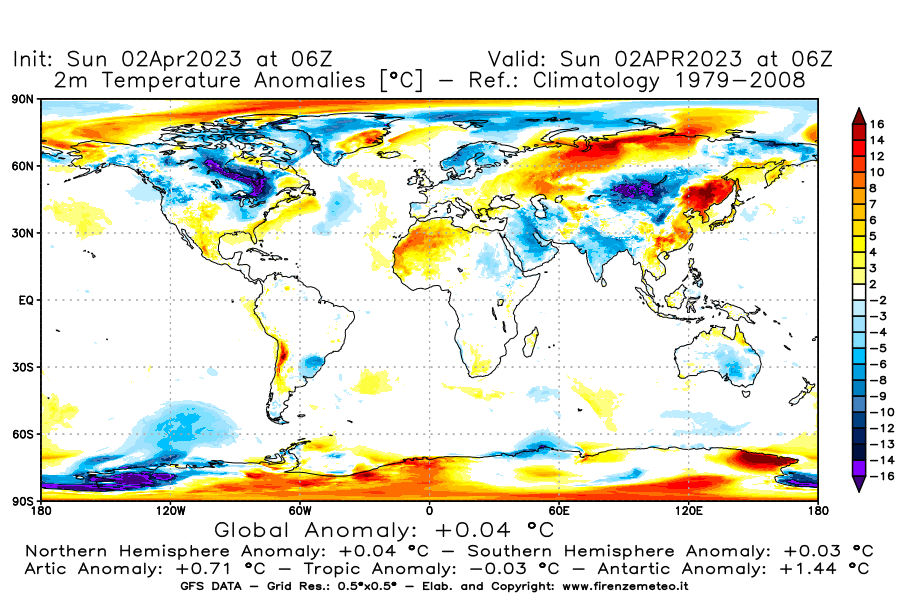 Mappa di analisi GFS - Anomalia Temperatura [°C] a 2 m in World
							del 02/04/2023 06 <!--googleoff: index-->UTC<!--googleon: index-->