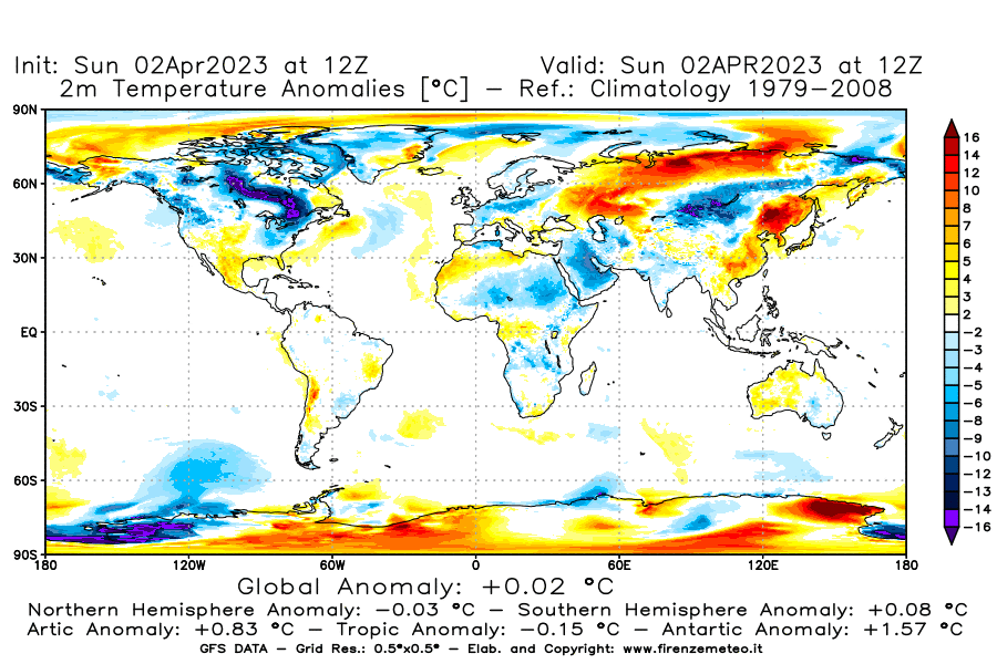 Mappa di analisi GFS - Anomalia Temperatura [°C] a 2 m in World
							del 02/04/2023 12 <!--googleoff: index-->UTC<!--googleon: index-->