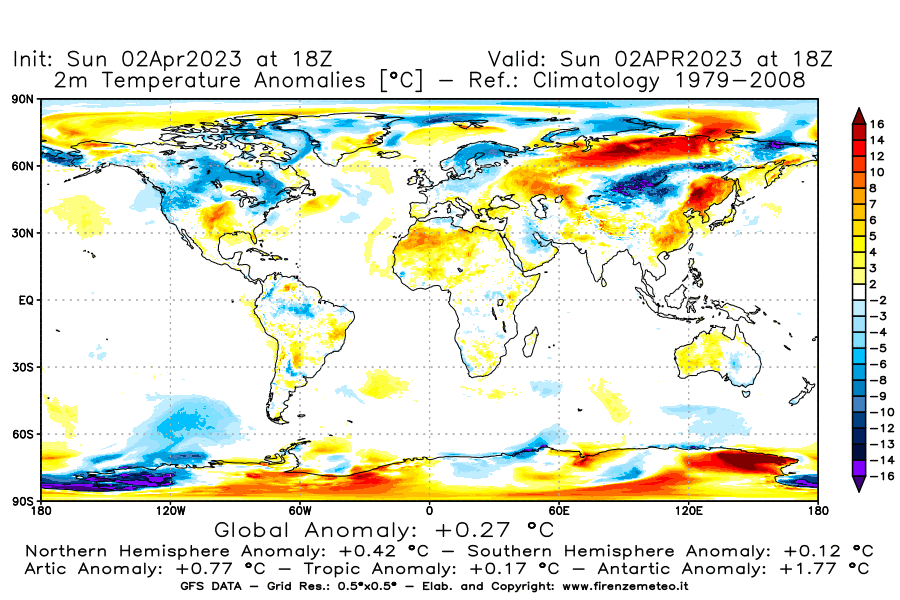 Mappa di analisi GFS - Anomalia Temperatura [°C] a 2 m in World
							del 02/04/2023 18 <!--googleoff: index-->UTC<!--googleon: index-->