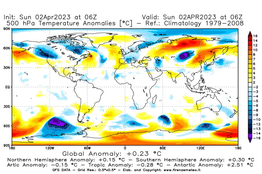 Mappa di analisi GFS - Anomalia Temperatura [°C] a 500 hPa in World
							del 02/04/2023 06 <!--googleoff: index-->UTC<!--googleon: index-->