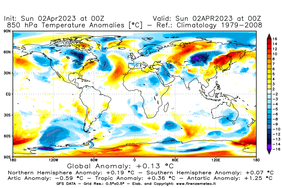 Mappa di analisi GFS - Anomalia Temperatura [°C] a 850 hPa in World
							del 02/04/2023 00 <!--googleoff: index-->UTC<!--googleon: index-->
