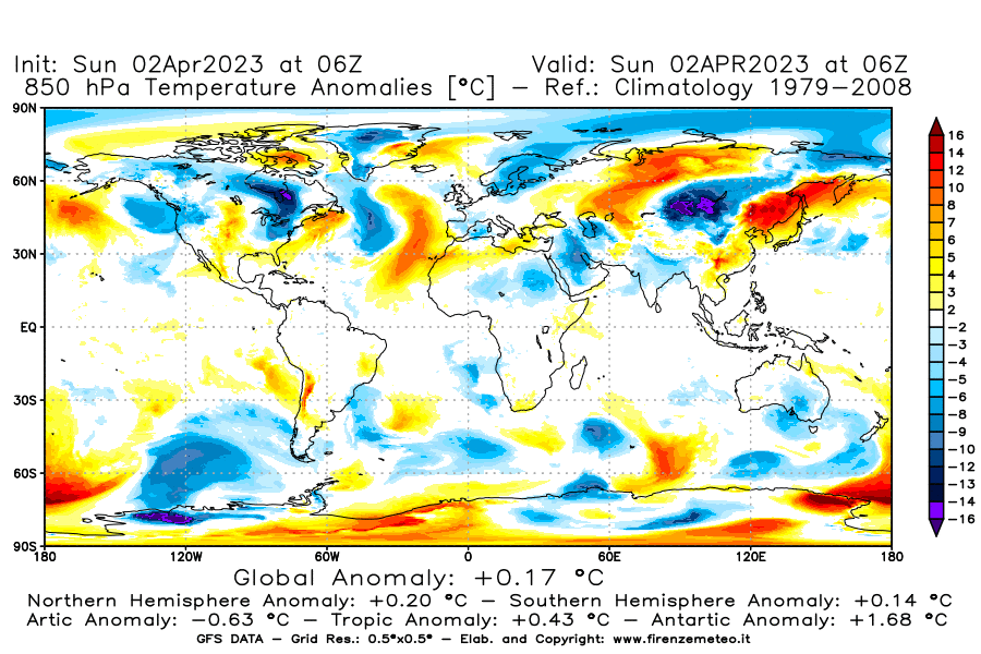 Mappa di analisi GFS - Anomalia Temperatura [°C] a 850 hPa in World
							del 02/04/2023 06 <!--googleoff: index-->UTC<!--googleon: index-->