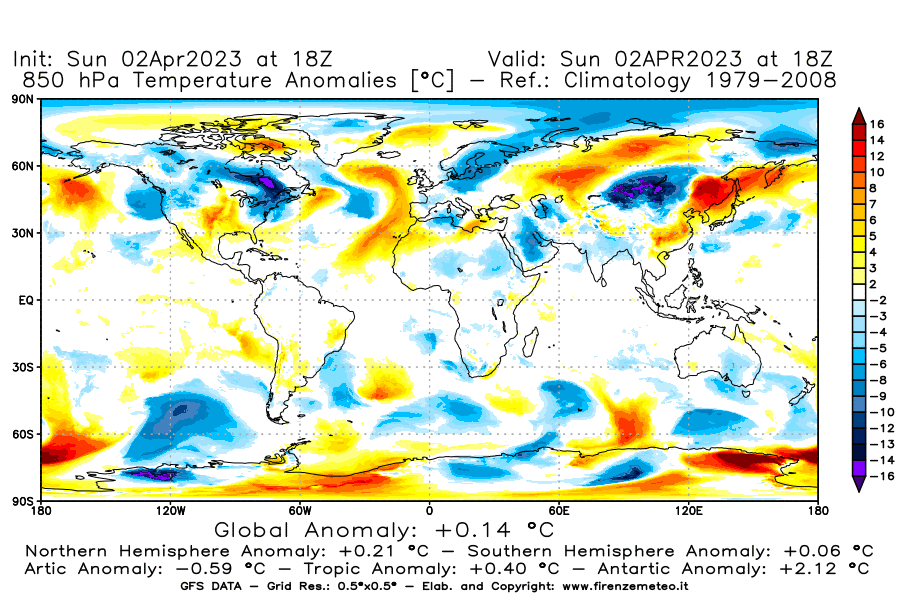 Mappa di analisi GFS - Anomalia Temperatura [°C] a 850 hPa in World
							del 02/04/2023 18 <!--googleoff: index-->UTC<!--googleon: index-->