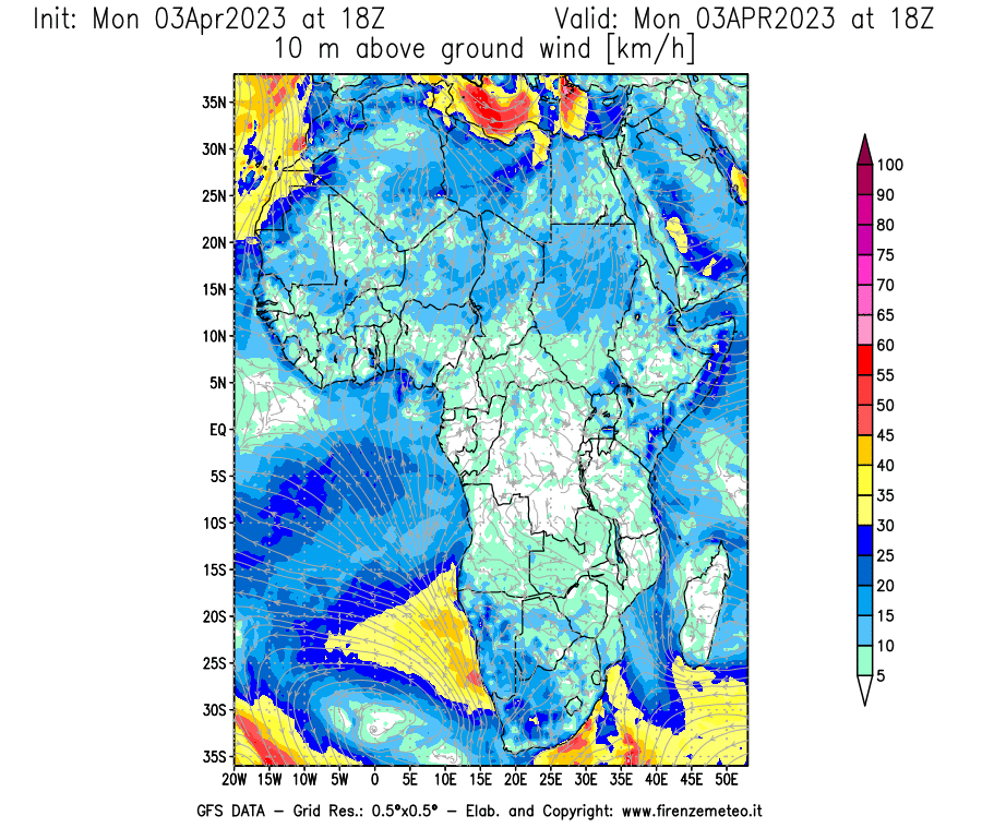 Mappa di analisi GFS - Velocità del vento a 10 metri dal suolo [km/h] in Africa
							del 03/04/2023 18 <!--googleoff: index-->UTC<!--googleon: index-->