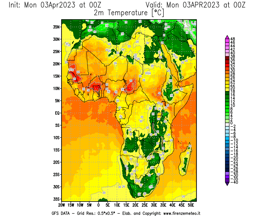 Mappa di analisi GFS - Temperatura a 2 metri dal suolo [°C] in Africa
							del 03/04/2023 00 <!--googleoff: index-->UTC<!--googleon: index-->