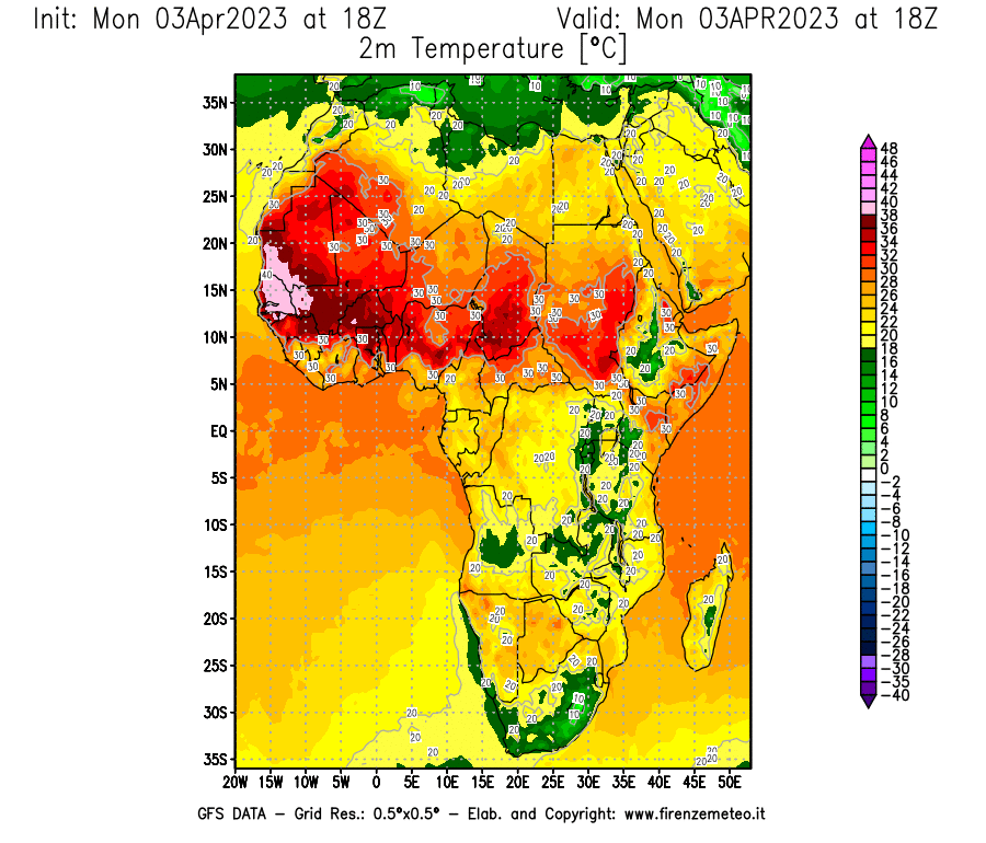 Mappa di analisi GFS - Temperatura a 2 metri dal suolo [°C] in Africa
							del 03/04/2023 18 <!--googleoff: index-->UTC<!--googleon: index-->