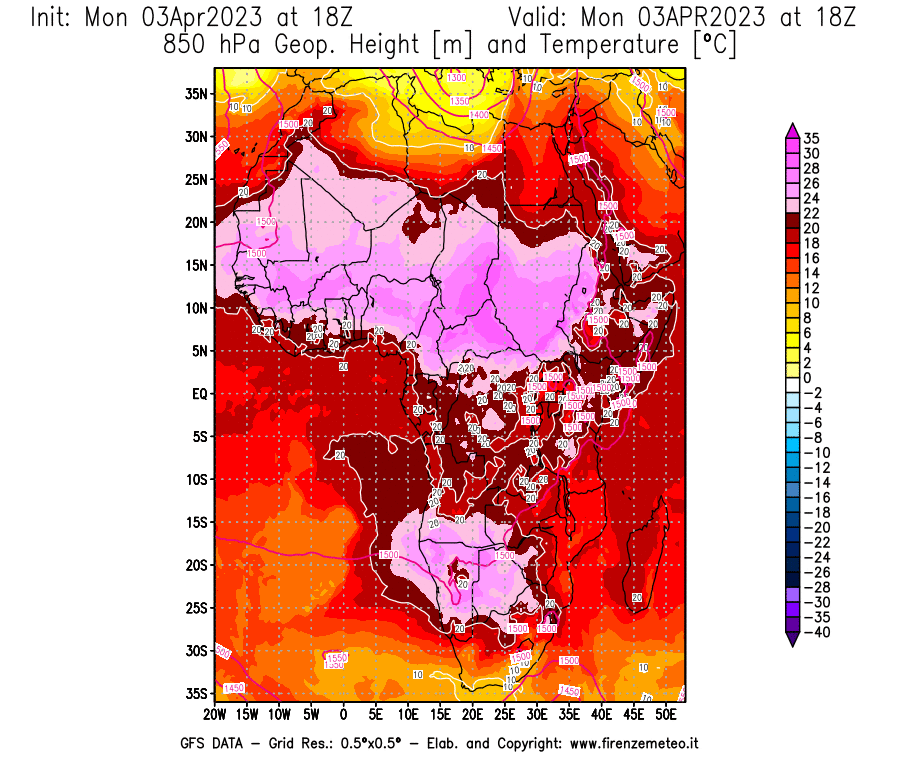 Mappa di analisi GFS - Geopotenziale [m] e Temperatura [°C] a 850 hPa in Africa
							del 03/04/2023 18 <!--googleoff: index-->UTC<!--googleon: index-->