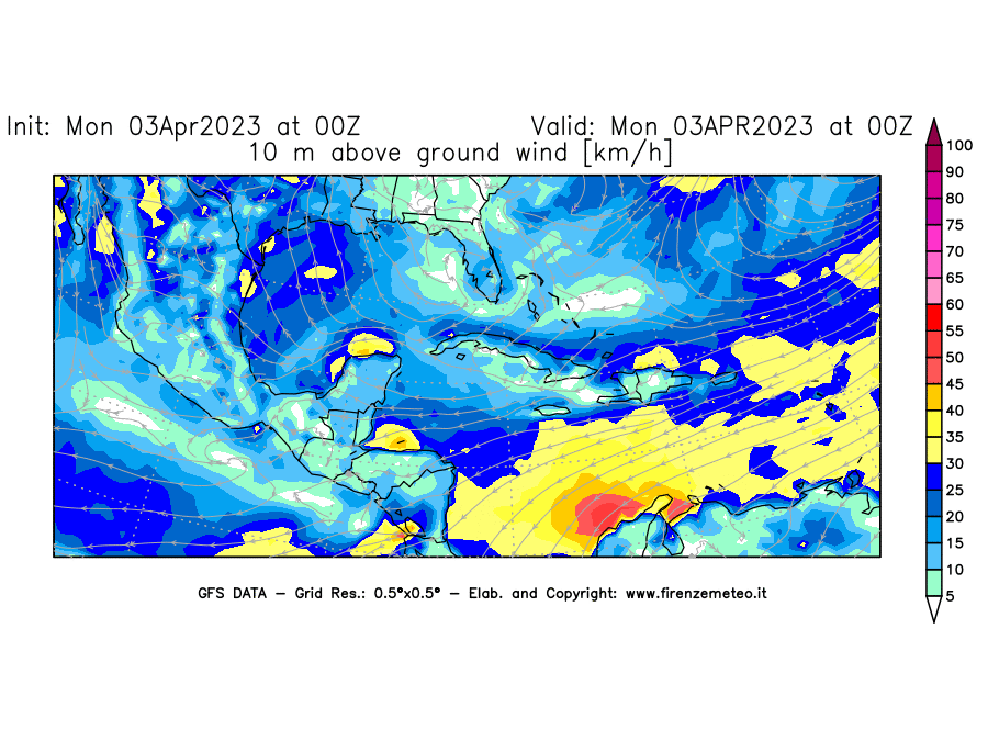Mappa di analisi GFS - Velocità del vento a 10 metri dal suolo [km/h] in Centro-America
							del 03/04/2023 00 <!--googleoff: index-->UTC<!--googleon: index-->