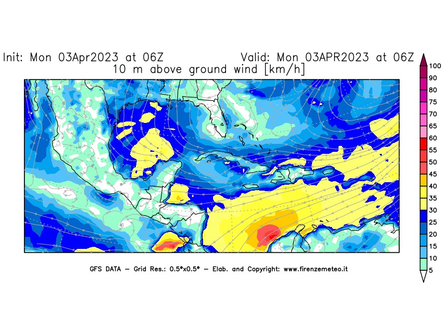 Mappa di analisi GFS - Velocità del vento a 10 metri dal suolo [km/h] in Centro-America
							del 03/04/2023 06 <!--googleoff: index-->UTC<!--googleon: index-->