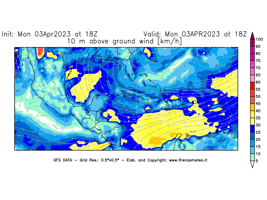 Mappa di analisi GFS - Velocità del vento a 10 metri dal suolo [km/h] in Centro-America
							del 03/04/2023 18 <!--googleoff: index-->UTC<!--googleon: index-->