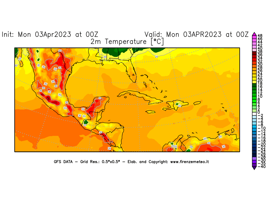 Mappa di analisi GFS - Temperatura a 2 metri dal suolo [°C] in Centro-America
							del 03/04/2023 00 <!--googleoff: index-->UTC<!--googleon: index-->