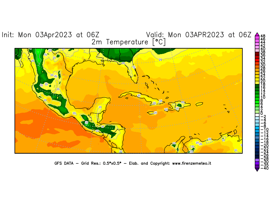 Mappa di analisi GFS - Temperatura a 2 metri dal suolo [°C] in Centro-America
							del 03/04/2023 06 <!--googleoff: index-->UTC<!--googleon: index-->