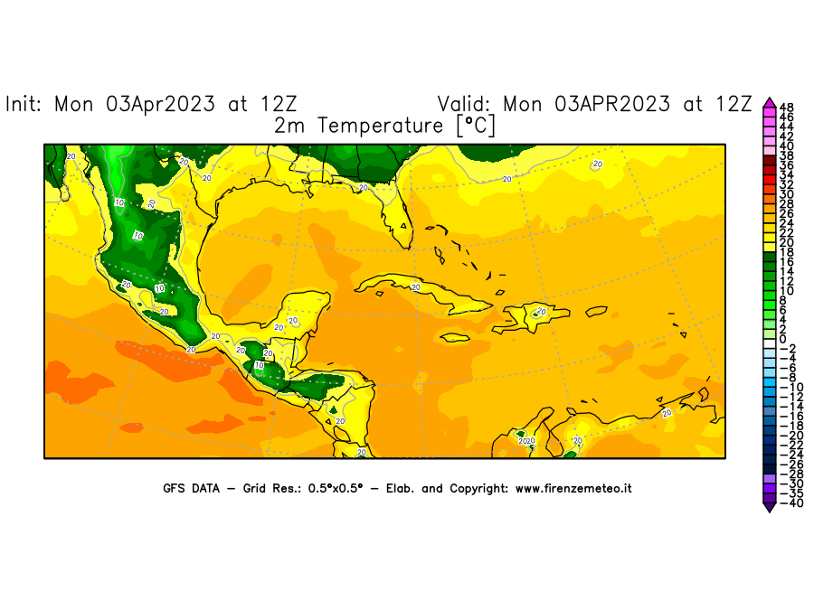 Mappa di analisi GFS - Temperatura a 2 metri dal suolo [°C] in Centro-America
							del 03/04/2023 12 <!--googleoff: index-->UTC<!--googleon: index-->