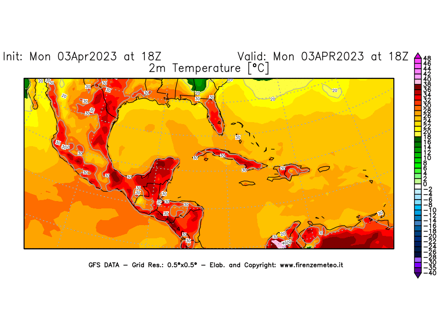 Mappa di analisi GFS - Temperatura a 2 metri dal suolo [°C] in Centro-America
							del 03/04/2023 18 <!--googleoff: index-->UTC<!--googleon: index-->