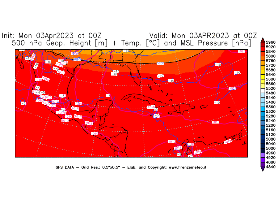 Mappa di analisi GFS - Geopotenziale [m] + Temp. [°C] a 500 hPa + Press. a livello del mare [hPa] in Centro-America
							del 03/04/2023 00 <!--googleoff: index-->UTC<!--googleon: index-->