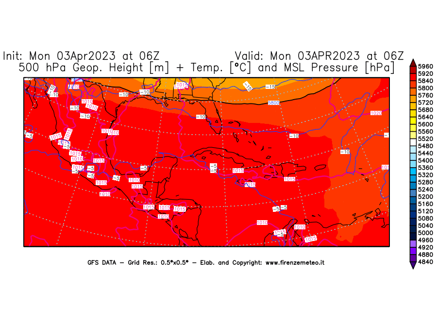 Mappa di analisi GFS - Geopotenziale [m] + Temp. [°C] a 500 hPa + Press. a livello del mare [hPa] in Centro-America
							del 03/04/2023 06 <!--googleoff: index-->UTC<!--googleon: index-->