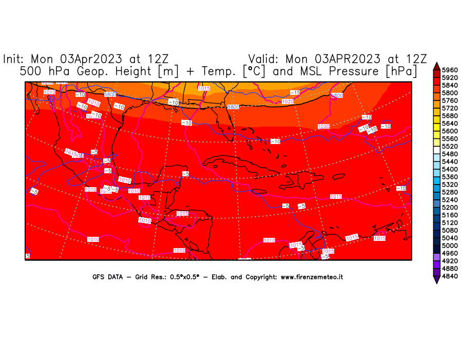 Mappa di analisi GFS - Geopotenziale [m] + Temp. [°C] a 500 hPa + Press. a livello del mare [hPa] in Centro-America
							del 03/04/2023 12 <!--googleoff: index-->UTC<!--googleon: index-->