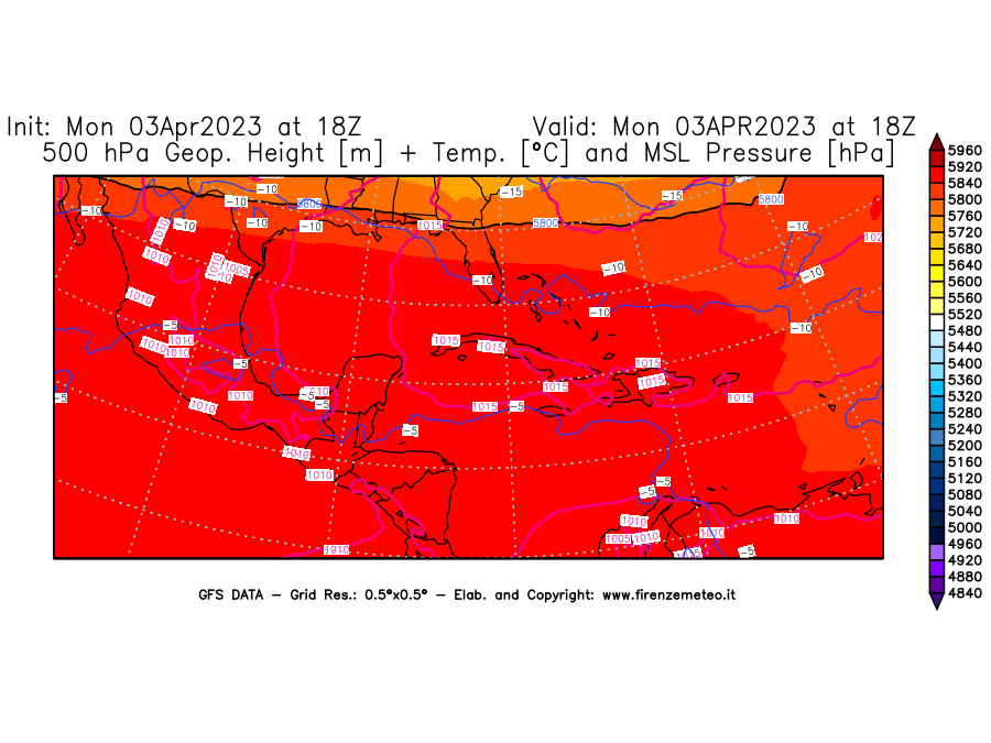 Mappa di analisi GFS - Geopotenziale [m] + Temp. [°C] a 500 hPa + Press. a livello del mare [hPa] in Centro-America
							del 03/04/2023 18 <!--googleoff: index-->UTC<!--googleon: index-->